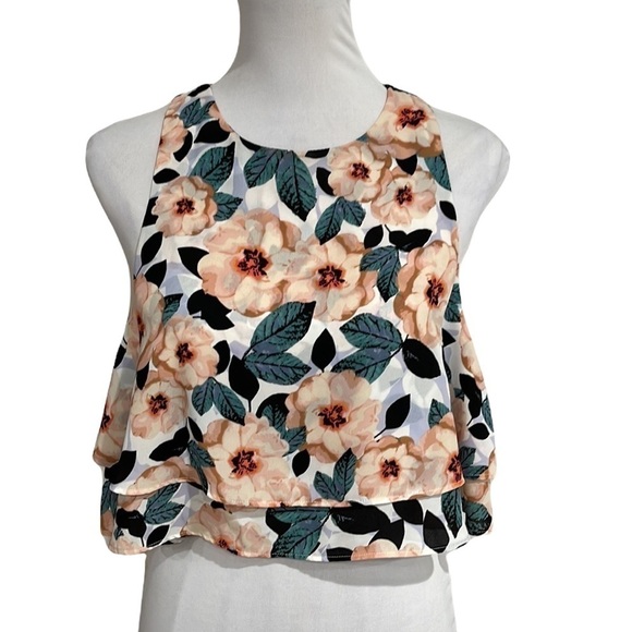 Show Me Your MuMu Cropped Peach Floral Layered Top  SZ S - Picture 1 of 8